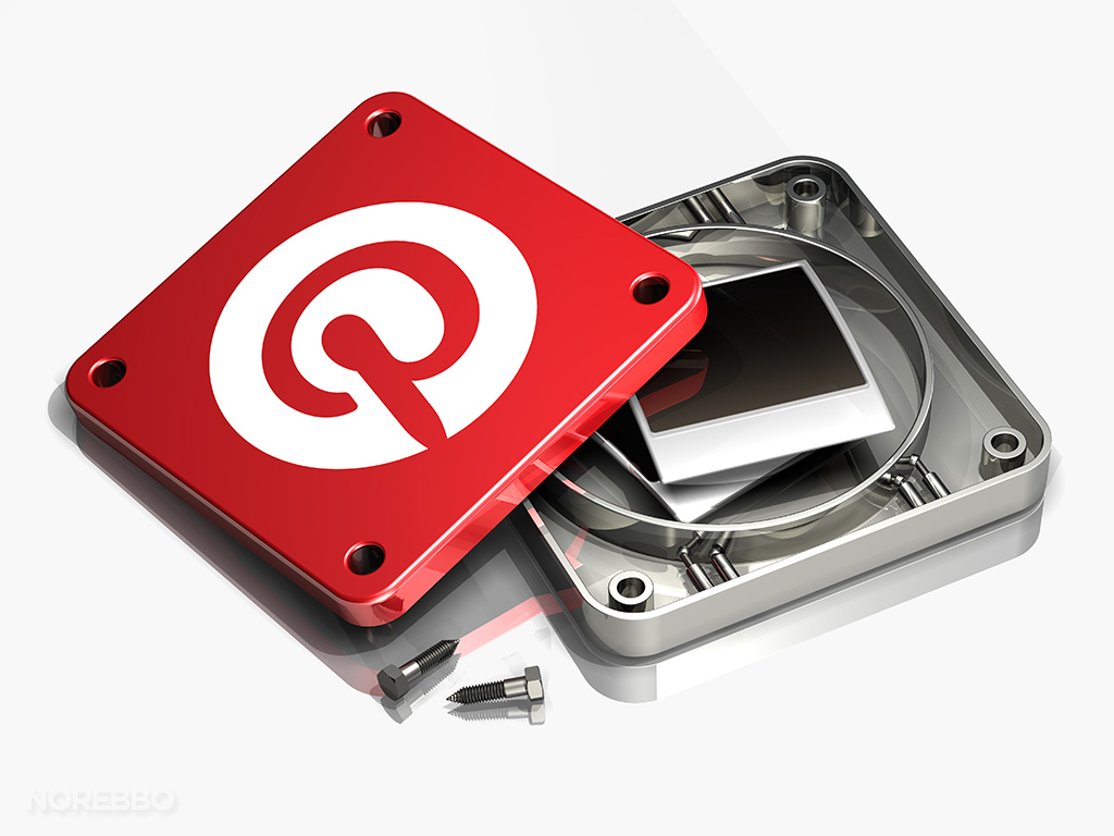 A disassembled Pinterest app icon with photos inside