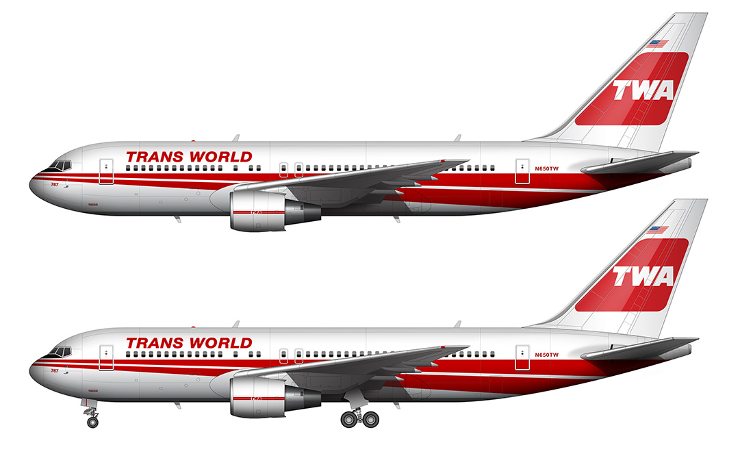 red and white TWA 767 drawing