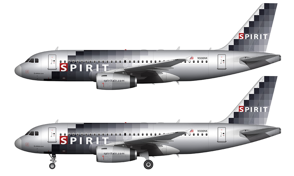 spirit airlines silver and gray pixel livery
