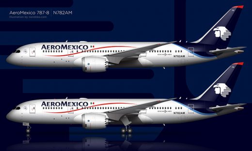 Side view illustrations of the AeroMexico 787-8 and 737-700