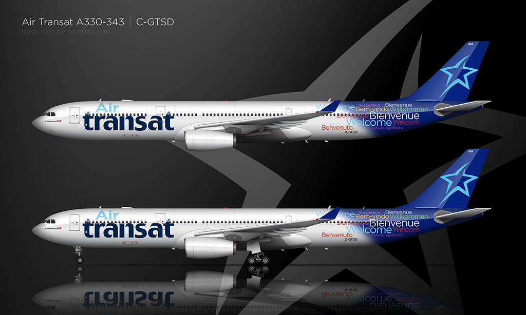 Side view illustrations of an Air Transat A330-343 wearing the 2011 “Welcome” livery