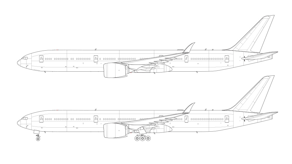 Boeing 777-9 folded wingtips technical line drawing