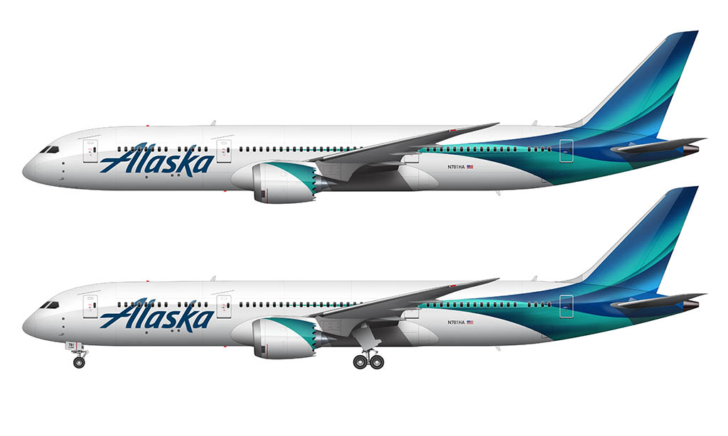 Alaska Airlines Boeing 787-9 side profile in the new livery
