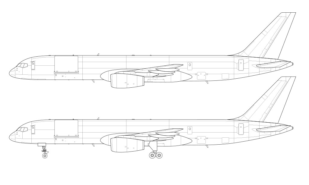 Boeing 757-200PF/PCF with Rolls Royce engines line drawing side view