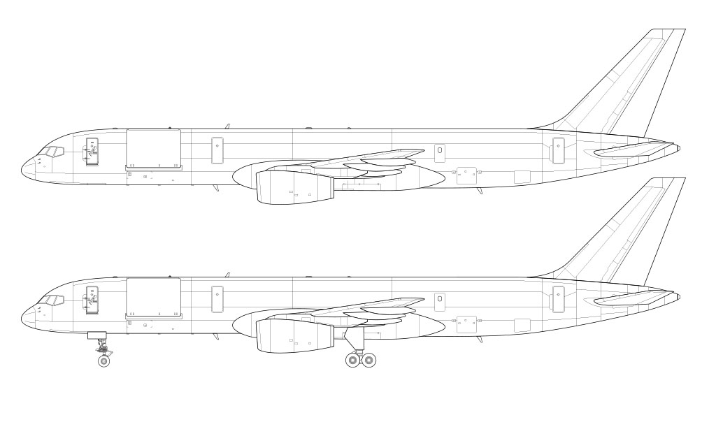 Boeing 757-200SF with Rolls Royce engines line drawing side view