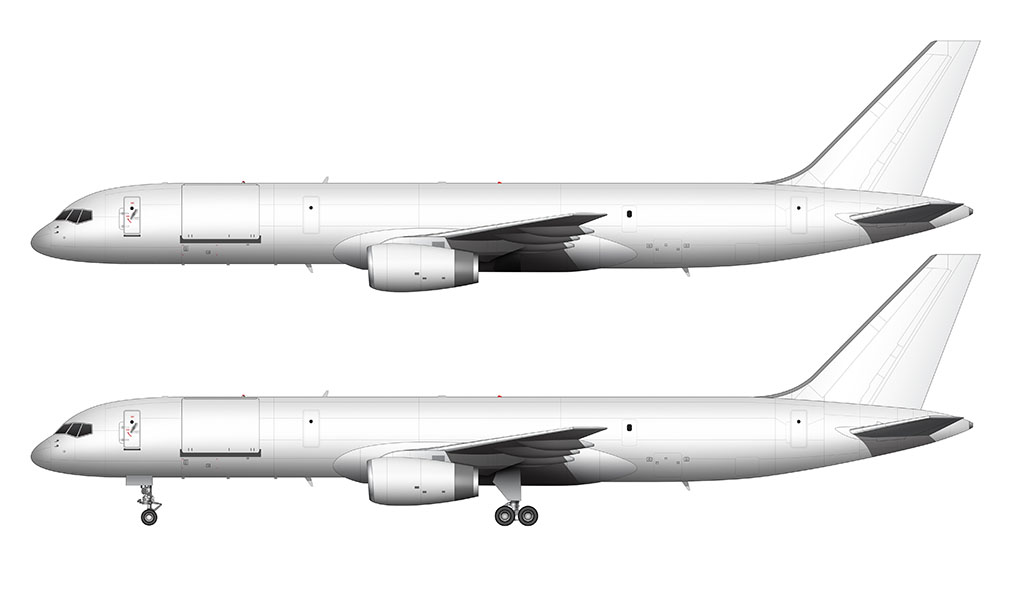 All white Boeing 757-200SF Rolls Royce engines side view