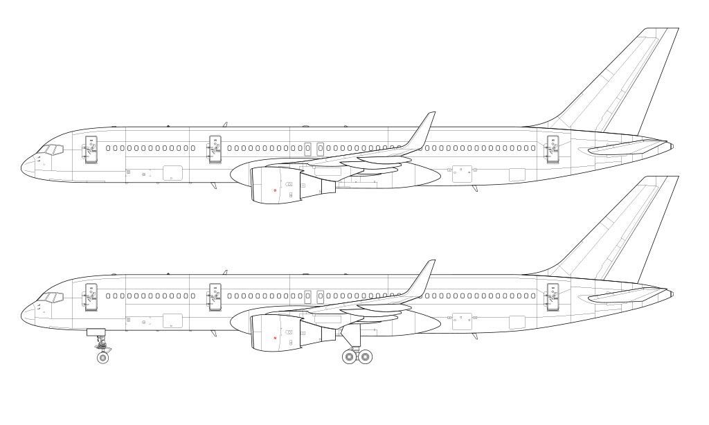 Boeing 757-200 with Pratt & Whitney engines and winglets line drawing