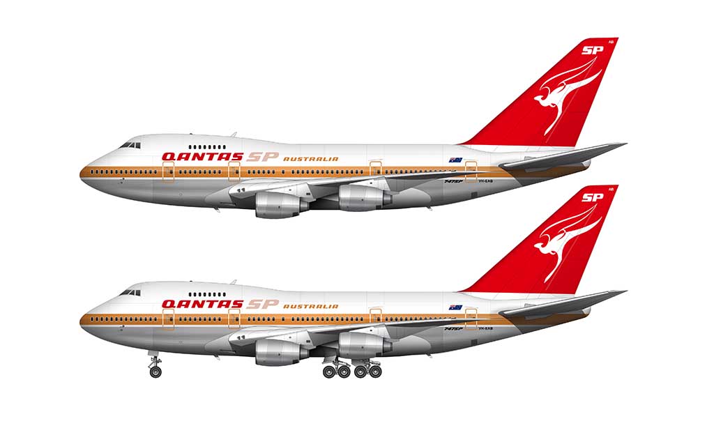 Qantas Boeing 747SP-38 flying kangaroo livery side view