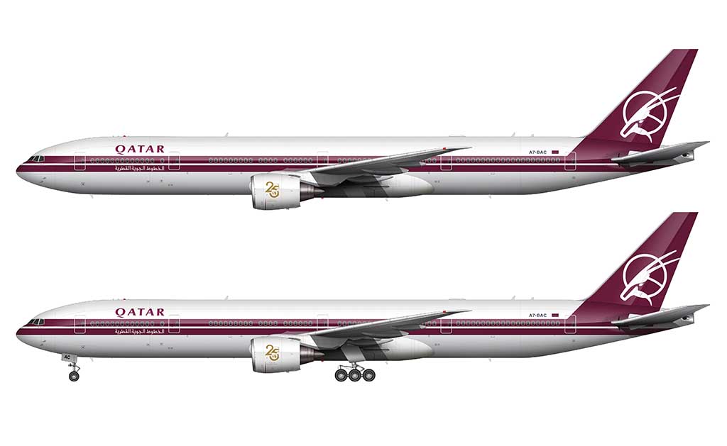 Qatar Airways Boeing 777-300ER retro livery side view A7-BAC