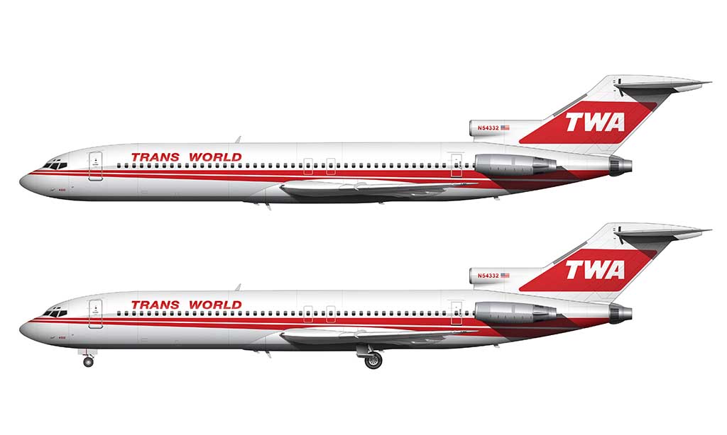 TWA dual stripes livery solid titles Boeing 727-200