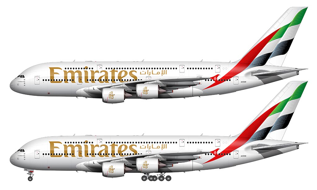 Side profile illustration of an Emirates Airbus A380-800 in the 2023 Livery over a blank background with and without the landing gear deployed