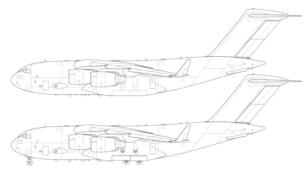 Technical side profile line drawing of a Boeing C-17 Globemaster III over a blank background with and without the landing gear deployed