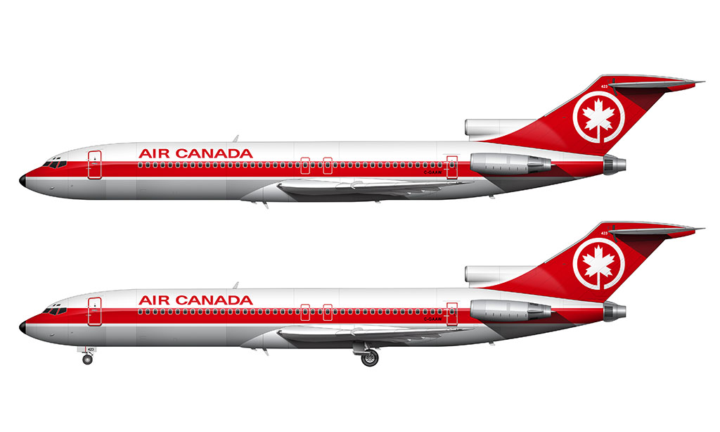 Side profile illustration of an Air Canada Boeing 727-233/Adv (1980 livery) over a blank background with and without the landing gear deployed