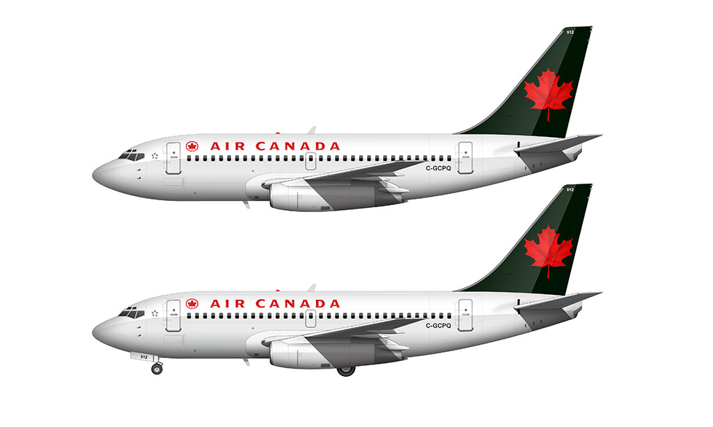 Side profile illustration of an Air Canada Boeing 737-217/Adv (Advanced) in the 1994 livery with and without the landing gear deployed over a blank background