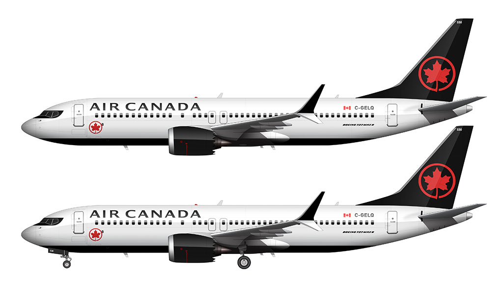 Side profile illustration of an Air Canada 737-8 MAX over a blank background with and without the landing gear deployed