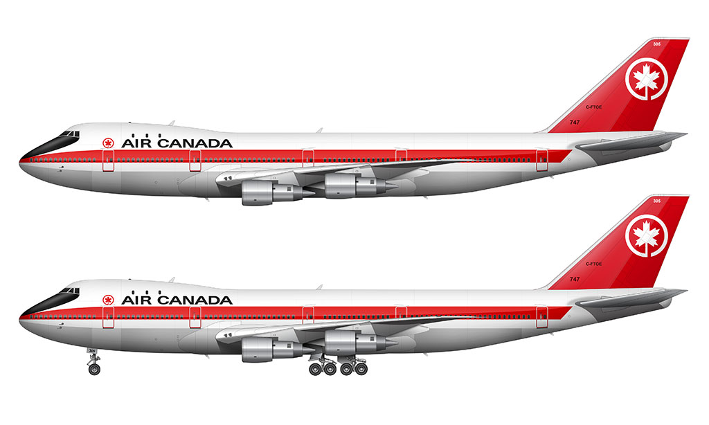 Side profile illustration of an Air Canada Boeing 747-133 over a blank background with and without the landing gear deployed