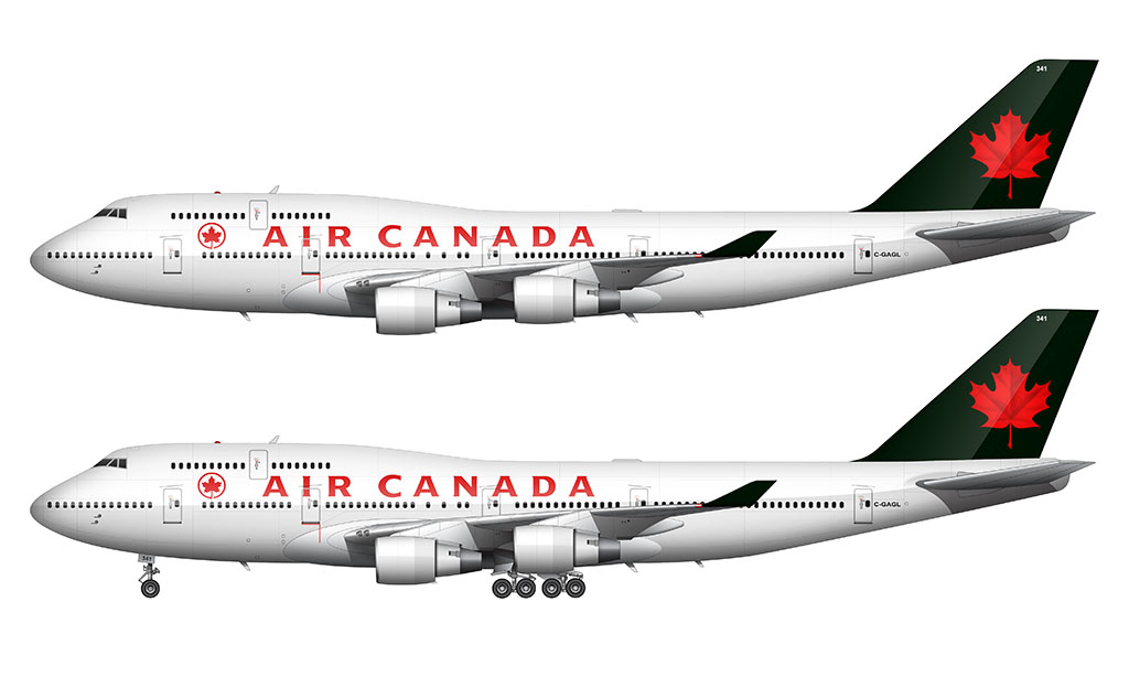 Side profile illustration of an Air Canada Boeing 747-433M in the 1994 livery over a blank background with and without the landing gear deployed