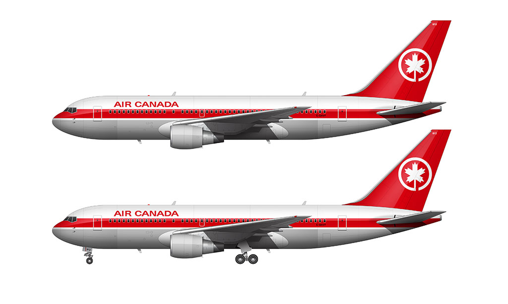 Side profile illustration of an Air Canada Boeing 767-265 wearing the 1980 livery over a blank background with and without the landing gear deployed