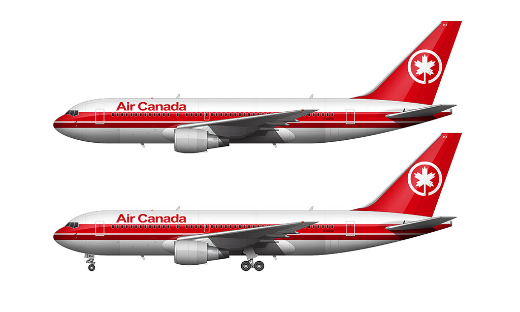 Side profile illustration of an Air Canada Boeing 767-265 wearing the 1987 livery over a blank background with and without the landing gear deployed