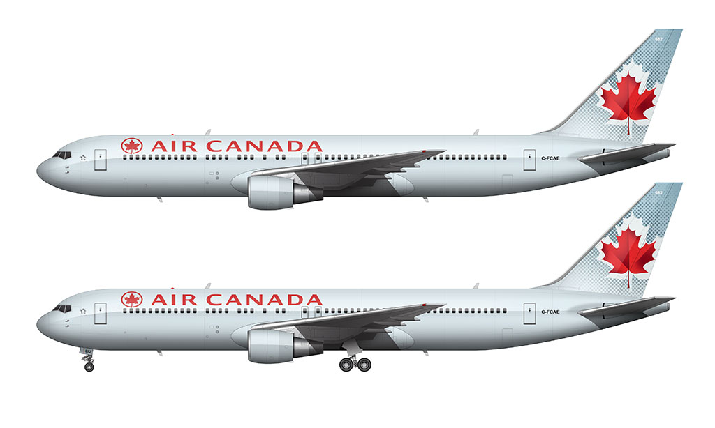 Side profile illustration of an Air Canada Boeing 767-375ER in the "Toothpaste" livery over a blank background with and without the landing gear deployed