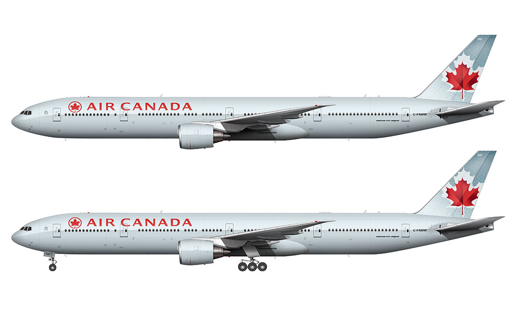 Side profile illustration of an Air Canada 777-333/ER (in the Toothpaste livery) with and without the landing gear deployed over a blank background
