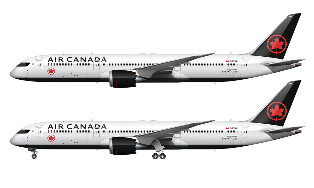 Side profile illustration of an Air Canada Boeing 787-9 over a blank white background with and without the landing gear deployed