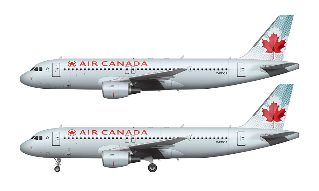 Side profile illustration of an Air Canada Airbus A320 in the Toothpaste livery over a blank background with and without the landing gear deployed