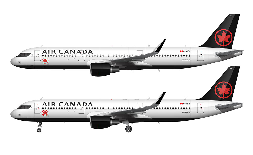 Side profile illustration of an Air Canada Airbus A321-211 with sharklets over a blank background with and without the landing gear deployed