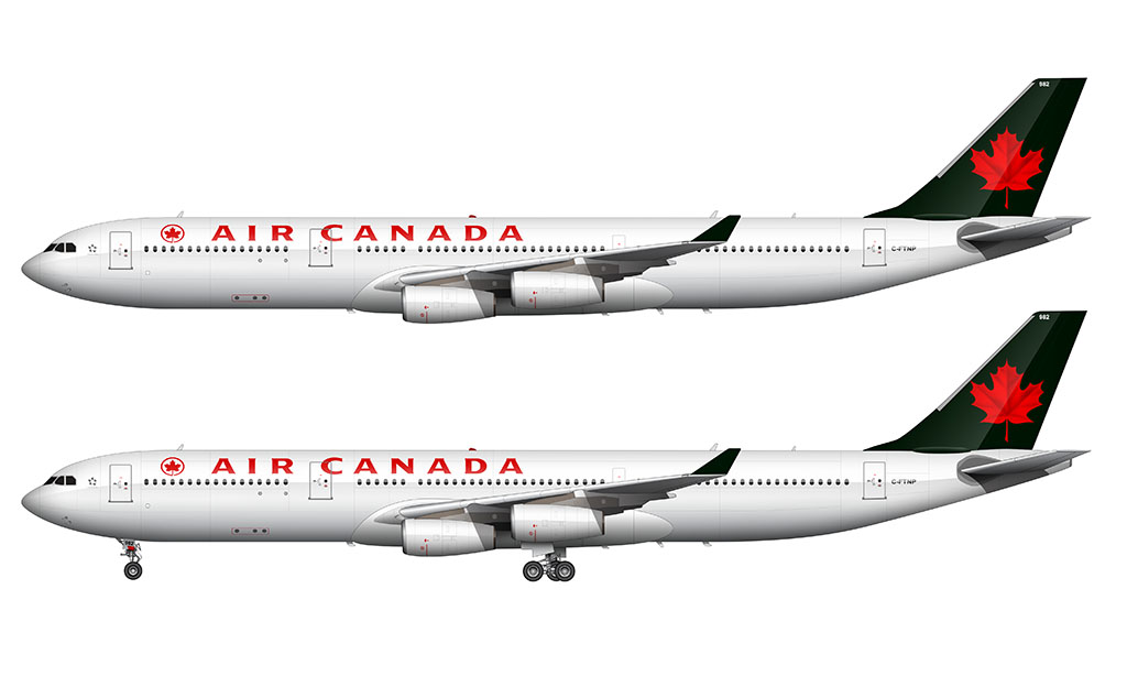 Side profile illustrations of an Air Canada Airbus A340-313X in the 1994 livery over a blank background with and without the landing gear deployed
