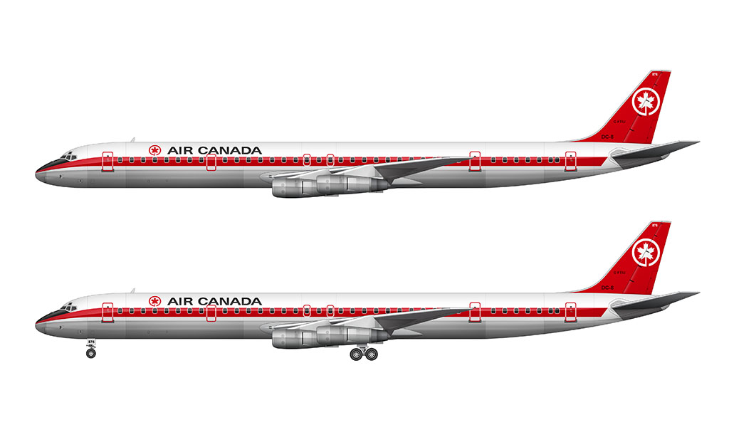 Side profile illustration of an Air Canada McDonnell Douglas DC-8-63 (1965 livery) over a blank background with and without the landing gear deployed