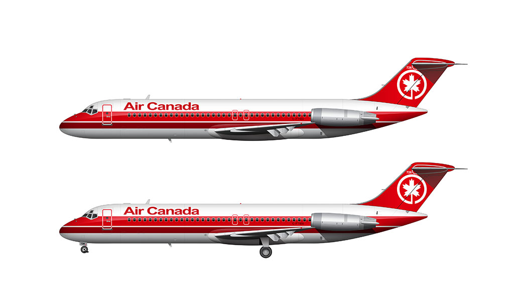 Side profile illustration of an Air Canada McDonnell Douglas DC-9-30 (1987 livery) over a blank background with and without the landing gear deployed