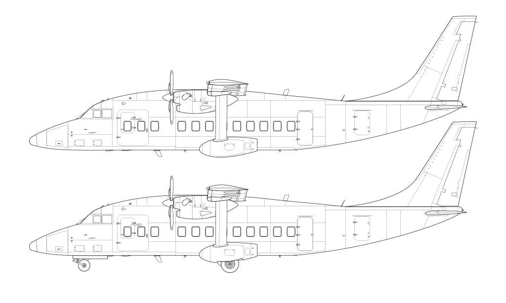 Technical side-profile line drawing of a Short 360 over a blank background with and without the landing gear deployed