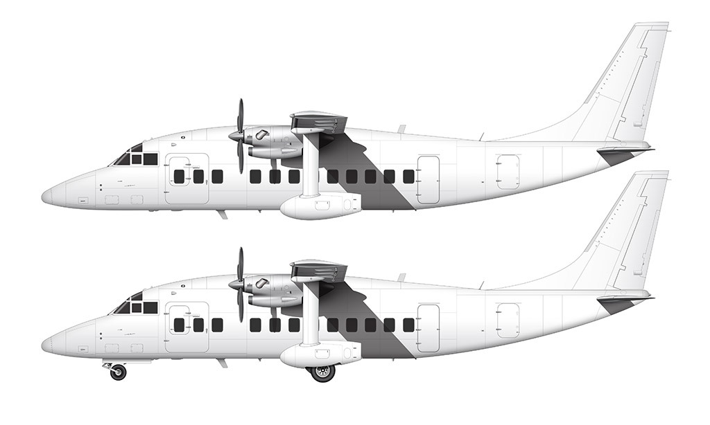 Side profile illustration of an all white Short 360 with and without the landing gear deployed over a blank background