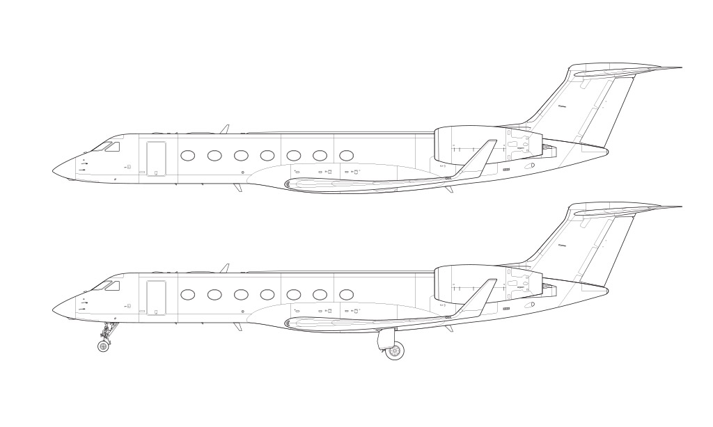 Side profile technical blueprint drawing of a Gulfstream G550 with and without the landing gear